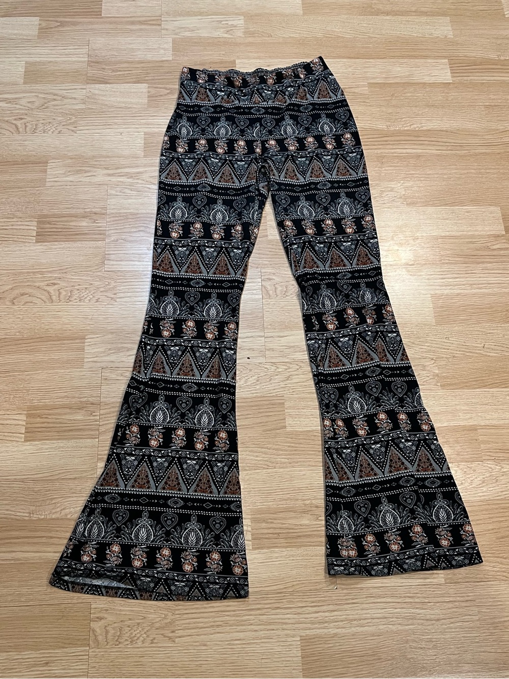 About A Girl Black Flared Pants with Tan & White Pattern